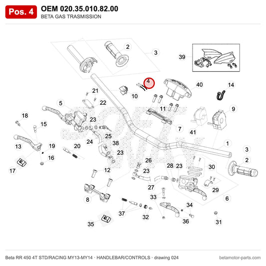 BETA GAS TRASMISSION – OEM 020.35.010.82.00, position 4 on the Beta RR 450 4T STD/RACING MY13-MY14 handlebar/controls drawing