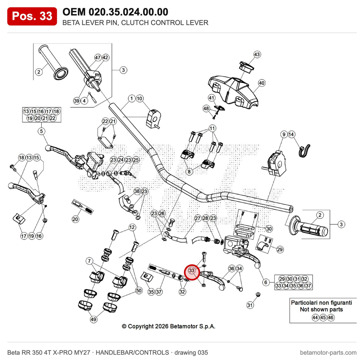 BETA LEVER PIN, CLUTCH CONTROL LEVER – OEM 020.35.024.00.00, position 33 on the Beta RR 350 4T X-PRO MY27 handlebar/controls drawing