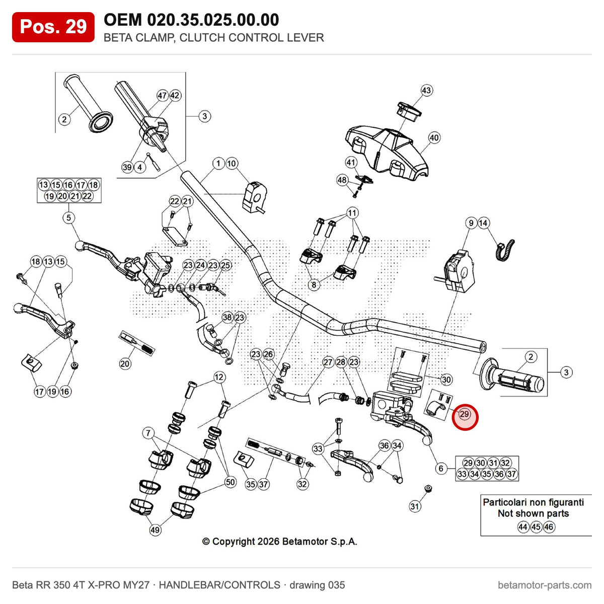 BETA CLAMP, CLUTCH CONTROL LEVER – OEM 020.35.025.00.00, position 29 on the Beta RR 350 4T X-PRO MY27 handlebar/controls drawing