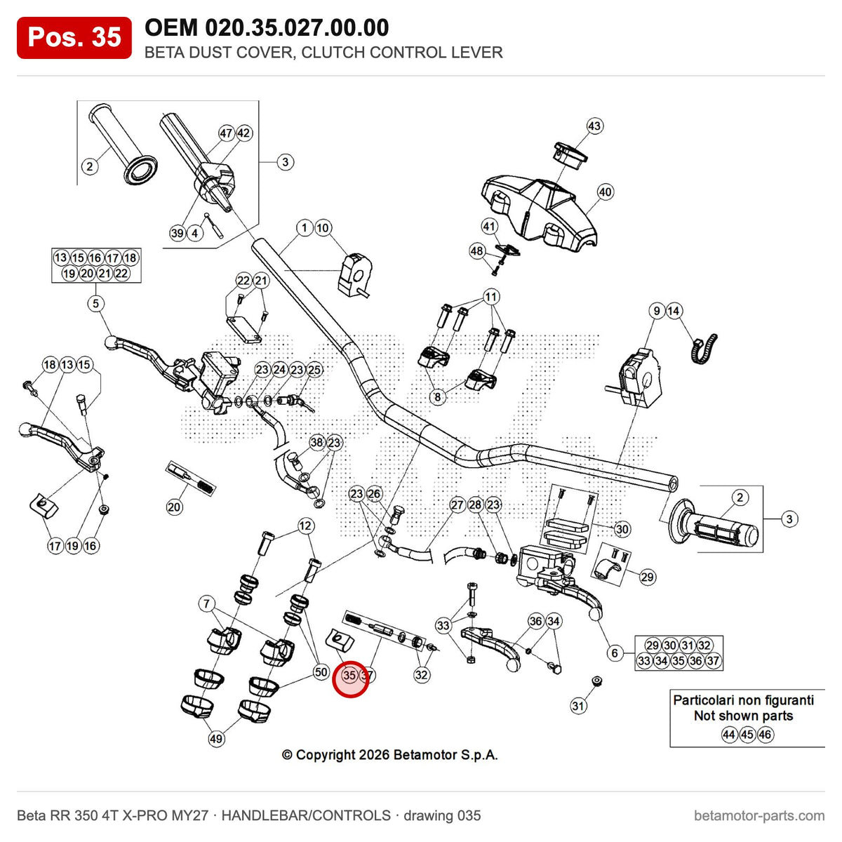 BETA DUST COVER, CLUTCH CONTROL LEVER – OEM 020.35.027.00.00, position 35 on the Beta RR 350 4T X-PRO MY27 handlebar/controls drawing