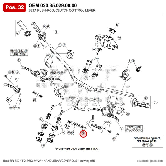 BETA PUSH-ROD, CLUTCH CONTROL LEVER – OEM 020.35.029.00.00, position 32 on the Beta RR 350 4T X-PRO MY27 handlebar/controls drawing