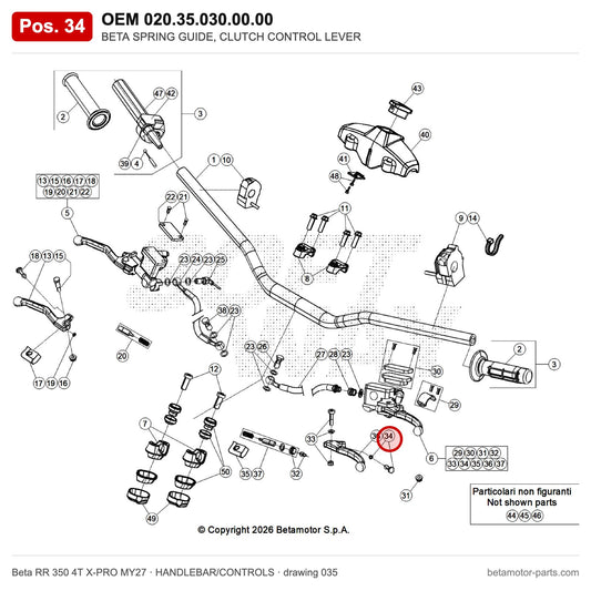 BETA SPRING GUIDE, CLUTCH CONTROL LEVER – OEM 020.35.030.00.00, position 34 on the Beta RR 350 4T X-PRO MY27 handlebar/controls drawing
