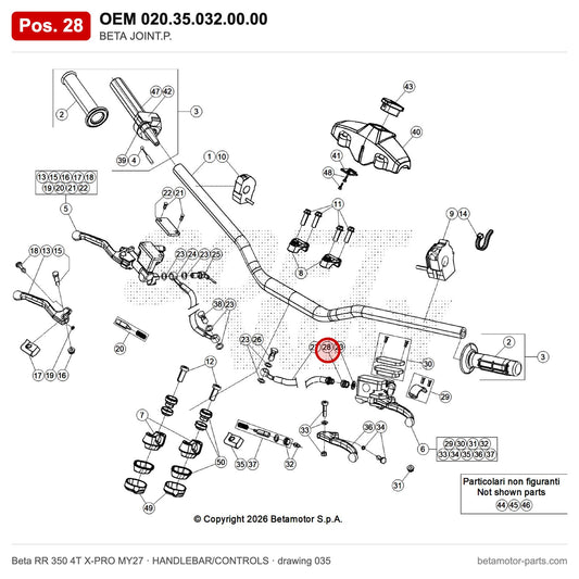 BETA JOINT.P. – OEM 020.35.032.00.00, position 28 on the Beta RR 350 4T X-PRO MY27 handlebar/controls drawing