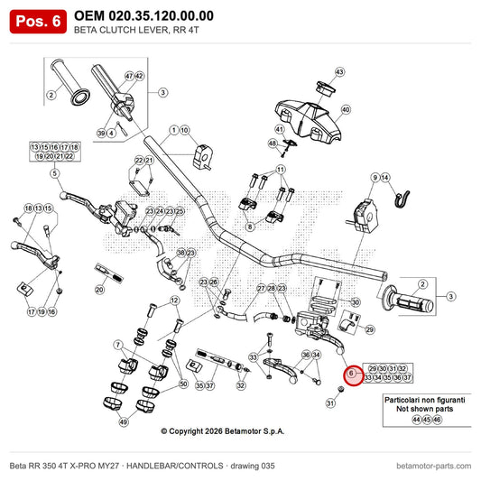 BETA CLUTCH LEVER, RR 4T – OEM 020.35.120.00.00, position 6 on the Beta RR 350 4T X-PRO MY27 handlebar/controls drawing