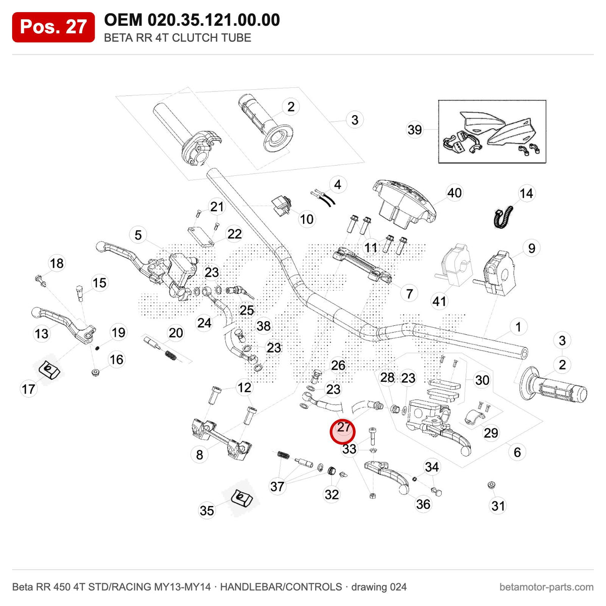 BETA RR 4T CLUTCH TUBE – OEM 020.35.121.00.00, position 27 on the Beta RR 450 4T STD/RACING MY13-MY14 handlebar/controls drawing