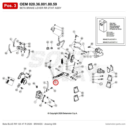 BETA BRAKE LEVER RR 2T/4T ASSY – OEM 020.36.001.80.59, position 3 on the Beta BLUE RR 125 4T R 2026 brakes drawing