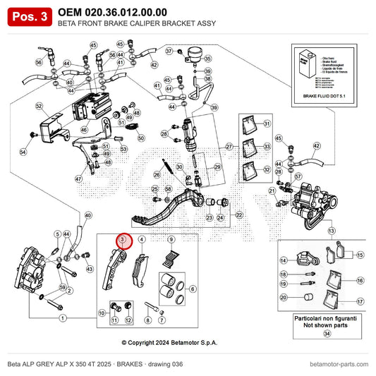 BETA FRONT BRAKE CALIPER BRACKET ASSY – OEM 020.36.012.00.00, position 3 on the Beta ALP GREY ALP X 350 4T 2025 brakes drawing