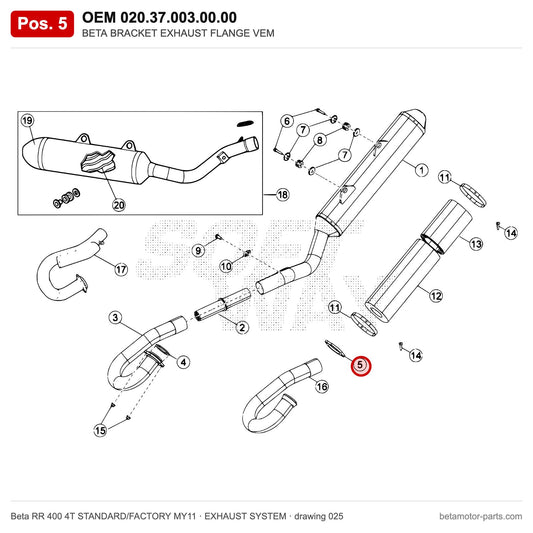 BETA BRACKET EXHAUST FLANGE VEM – OEM 020.37.003.00.00, position 5 on the Beta RR 400 4T STANDARD/FACTORY MY11 exhaust system drawing