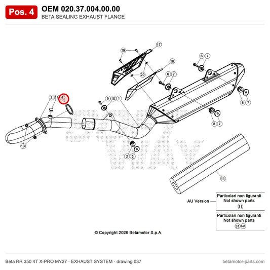 BETA SEALING EXHAUST FLANGE – OEM 020.37.004.00.00, position 4 on the Beta RR 350 4T X-PRO MY27 exhaust system drawing