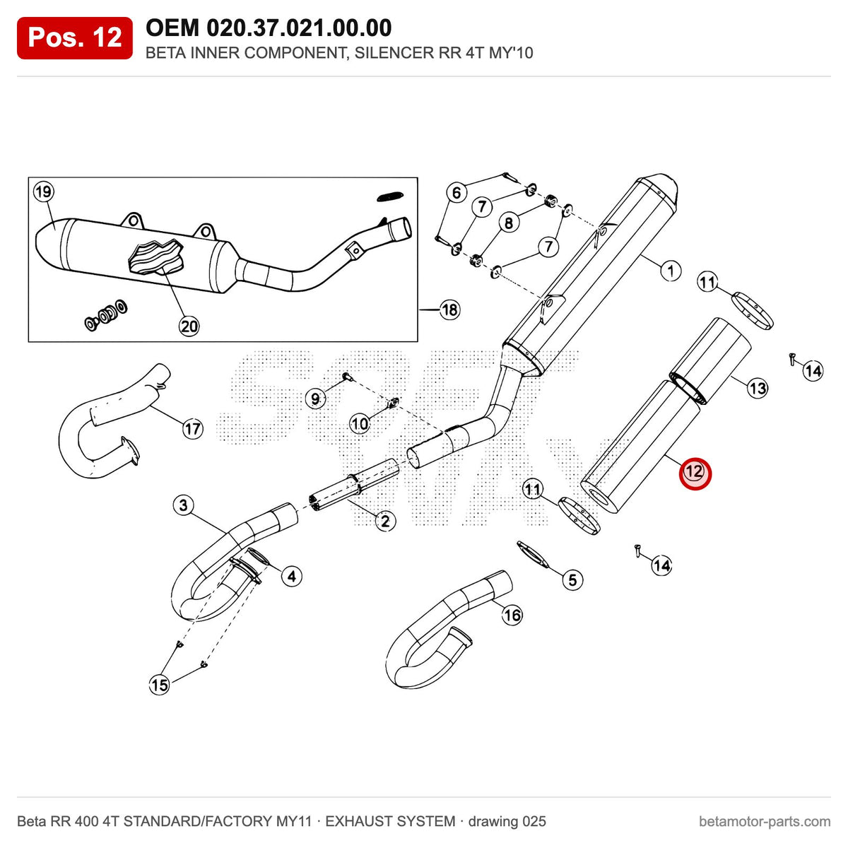 BETA INNER COMPONENT, SILENCER RR 4T MY'10 – OEM 020.37.021.00.00, position 12 on the Beta RR 400 4T STANDARD/FACTORY MY11 exhaust system drawing