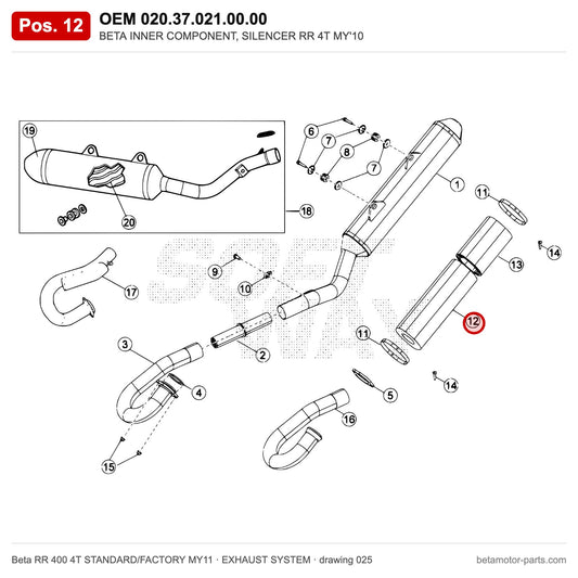 BETA INNER COMPONENT, SILENCER RR 4T MY'10 – OEM 020.37.021.00.00, position 12 on the Beta RR 400 4T STANDARD/FACTORY MY11 exhaust system drawing