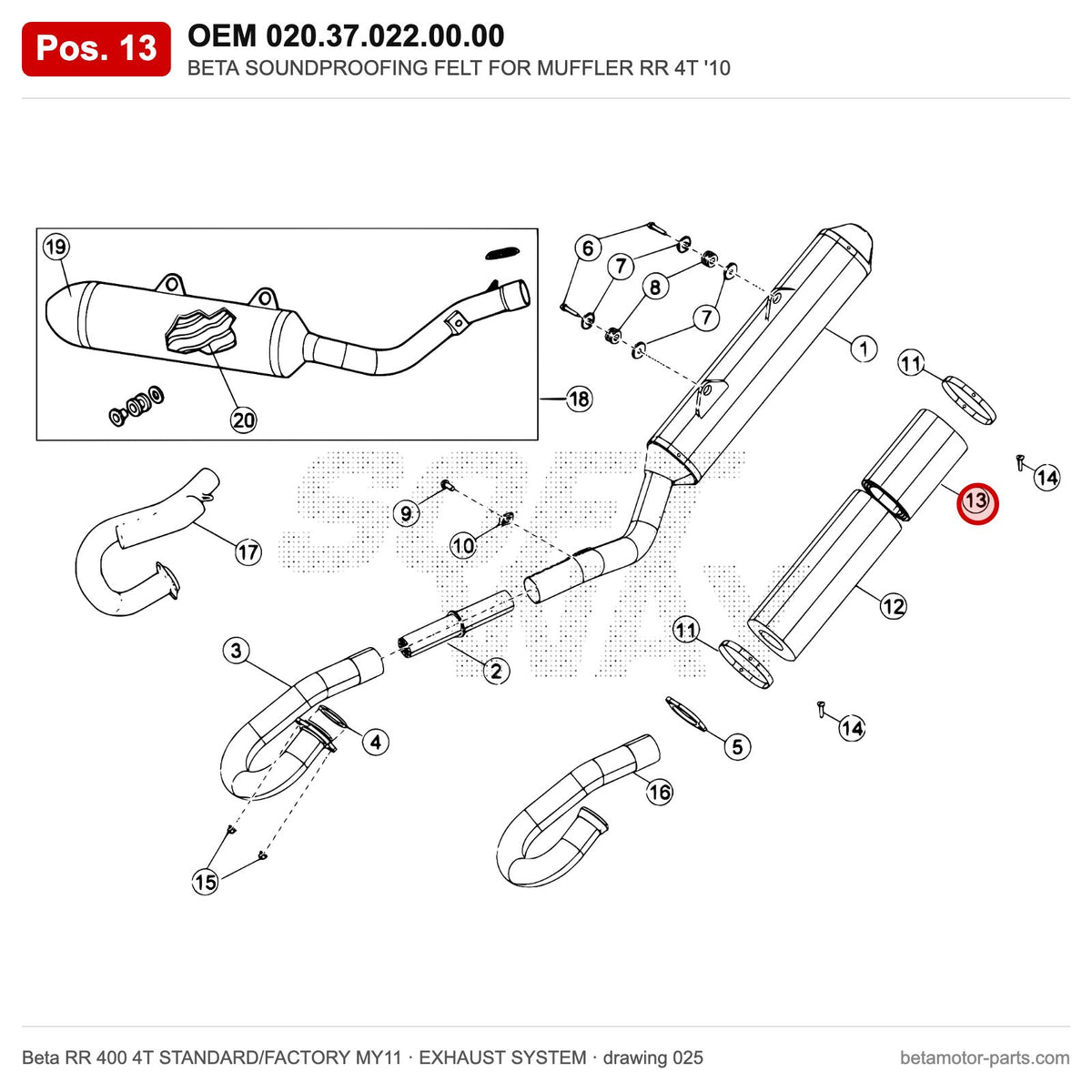 BETA SOUNDPROOFING FELT FOR MUFFLER RR 4T '10 – OEM 020.37.022.00.00, position 13 on the Beta RR 400 4T STANDARD/FACTORY MY11 exhaust system drawing