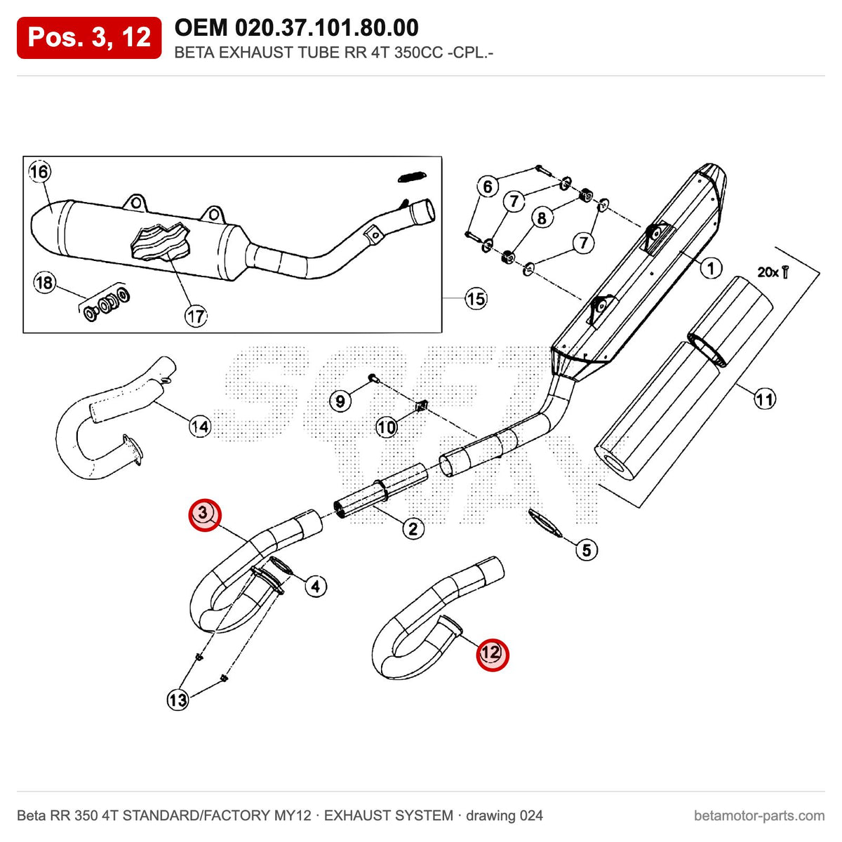 BETA EXHAUST TUBE RR 4T 350CC -CPL.- – OEM 020.37.101.80.00, positions 3,12 on the Beta RR 350 4T STANDARD/FACTORY MY12 exhaust system drawing