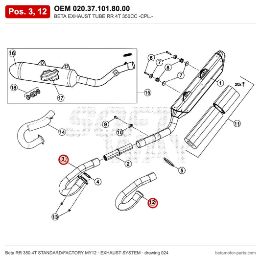BETA EXHAUST TUBE RR 4T 350CC -CPL.- – OEM 020.37.101.80.00, positions 3,12 on the Beta RR 350 4T STANDARD/FACTORY MY12 exhaust system drawing
