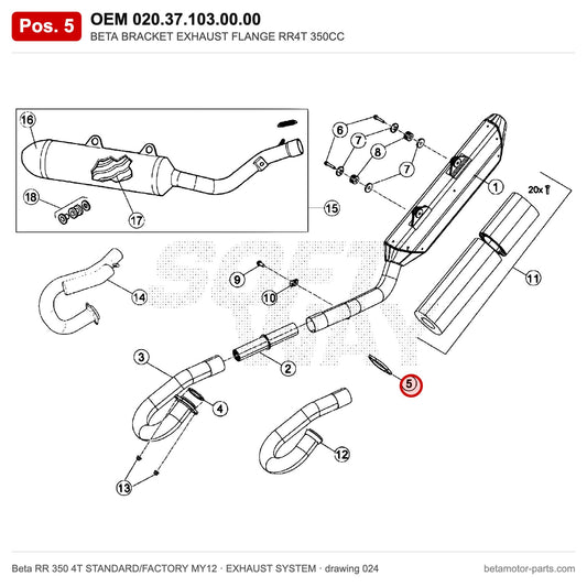 BETA BRACKET EXHAUST FLANGE RR4T 350CC – OEM 020.37.103.00.00, position 5 on the Beta RR 350 4T STANDARD/FACTORY MY12 exhaust system drawing