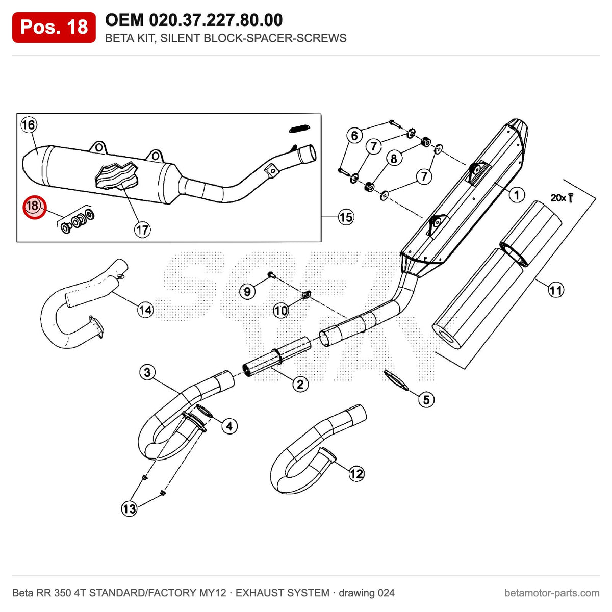 BETA KIT, SILENT BLOCK-SPACER-SCREWS – OEM 020.37.227.80.00, position 18 on the Beta RR 350 4T STANDARD/FACTORY MY12 exhaust system drawing