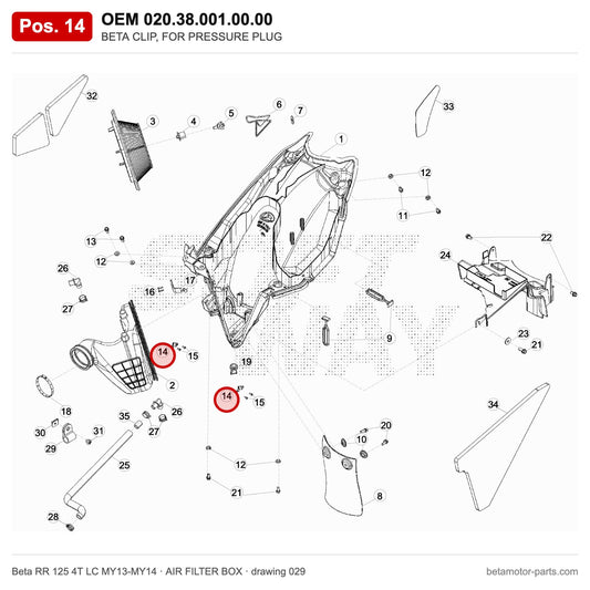 BETA CLIP, FOR PRESSURE PLUG – OEM 020.38.001.00.00, position 14 on the Beta RR 125 4T LC MY13-MY14 air filter box drawing