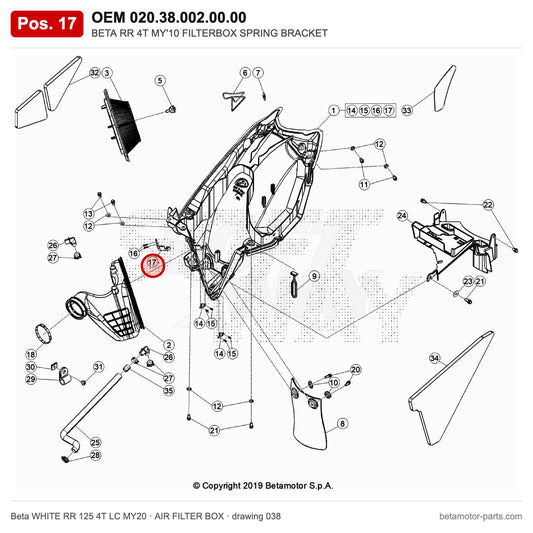 BETA RR 4T MY'10 FILTERBOX SPRING BRACKET – OEM 020.38.002.00.00, position 17 on the Beta WHITE RR 125 4T LC MY20 air filter box drawing