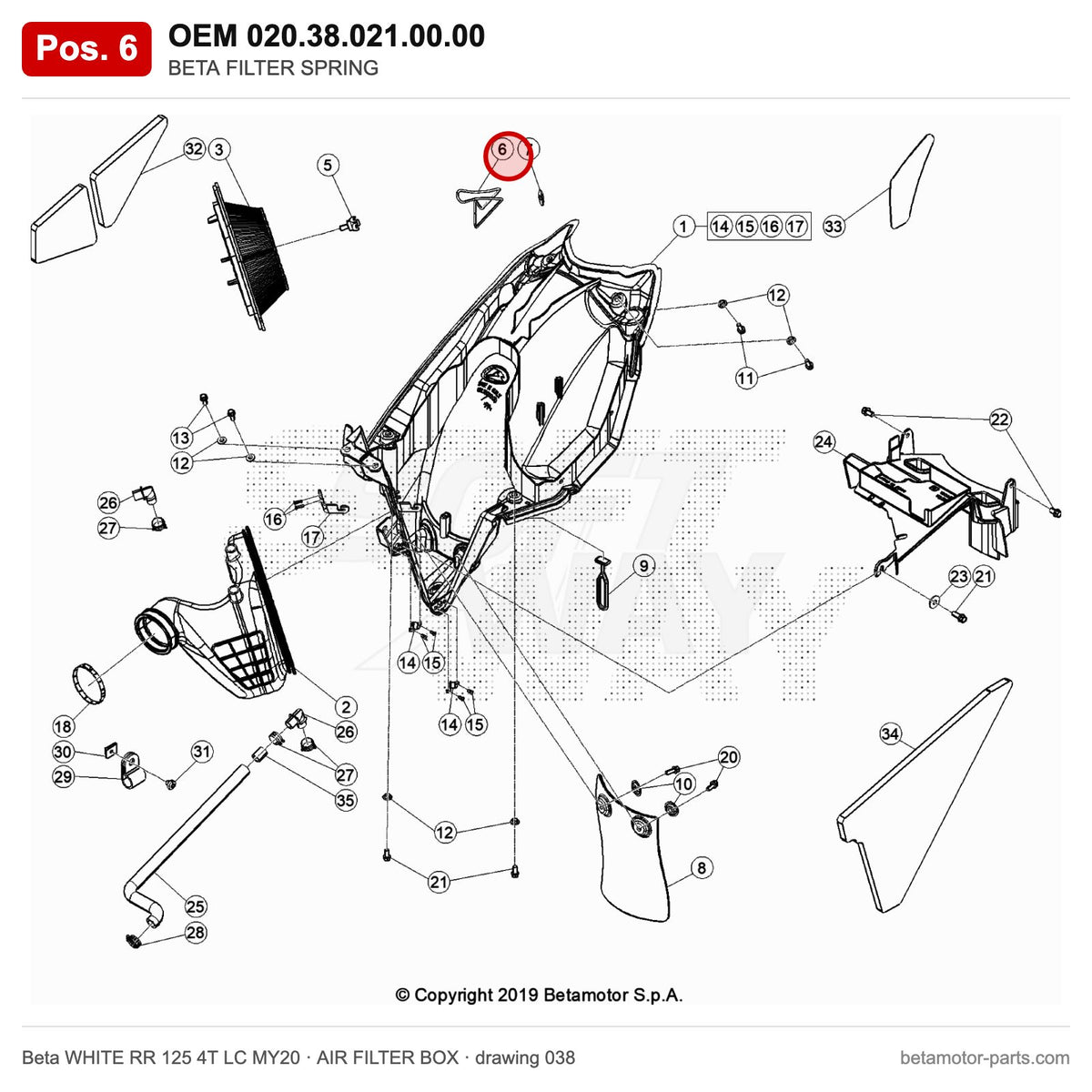 BETA FILTER SPRING – OEM 020.38.021.00.00, position 6 on the Beta WHITE RR 125 4T LC MY20 air filter box drawing