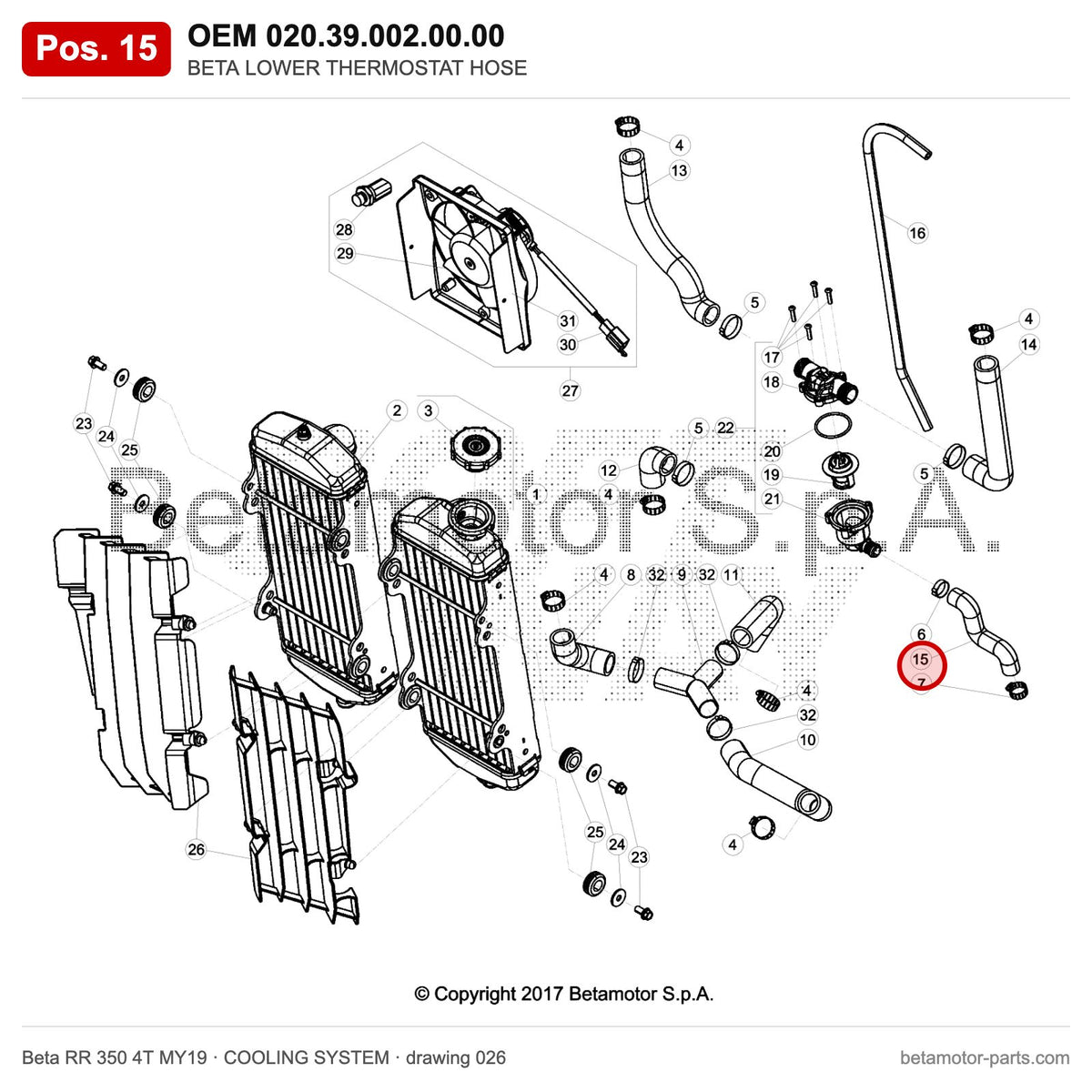 BETA LOWER THERMOSTAT HOSE – OEM 020.39.002.00.00, position 15 on the Beta RR 350 4T MY19 cooling system drawing