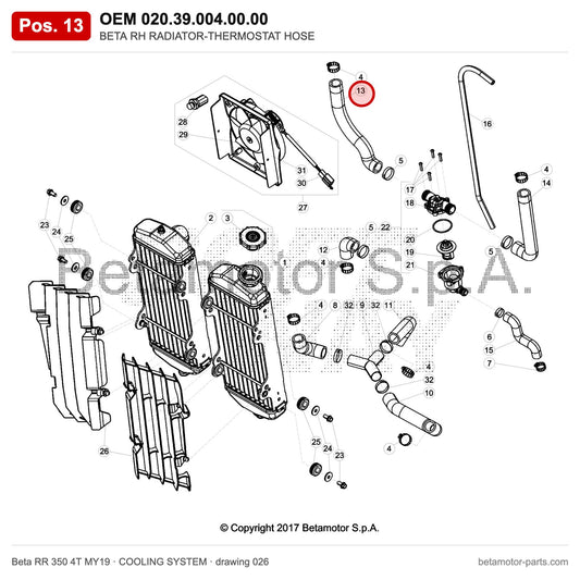 BETA RH RADIATOR-THERMOSTAT HOSE – OEM 020.39.004.00.00, position 13 on the Beta RR 350 4T MY19 cooling system drawing