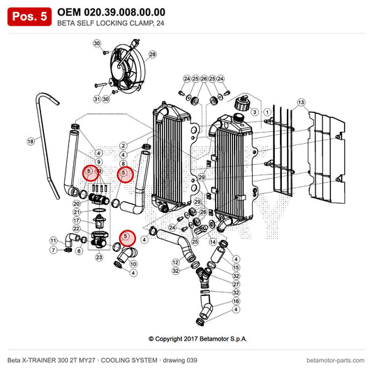 BETA SELF LOCKING CLAMP, 24 – OEM 020.39.008.00.00, position 5 on the Beta X-TRAINER 300 2T MY27 cooling system drawing
