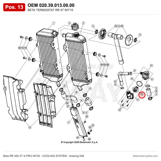 BETA TERMOSTAT RR 4T MY'10 – OEM 020.39.013.00.00, position 13 on the Beta RR 350 4T X-PRO MY25 cooling system drawing