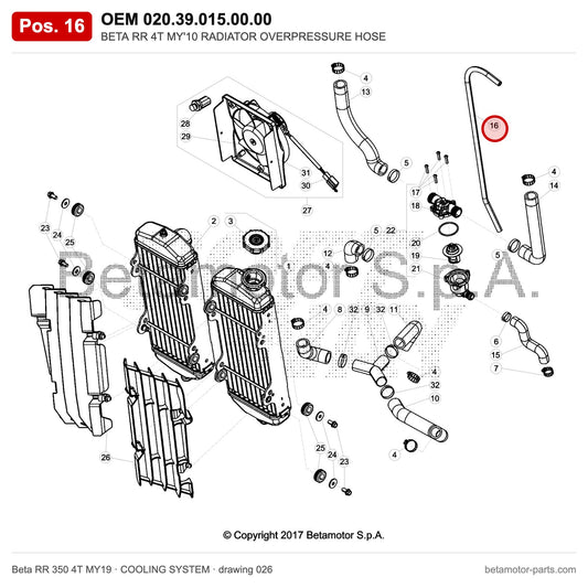 BETA RR 4T MY'10 RADIATOR OVERPRESSURE HOSE – OEM 020.39.015.00.00, position 16 on the Beta RR 350 4T MY19 cooling system drawing