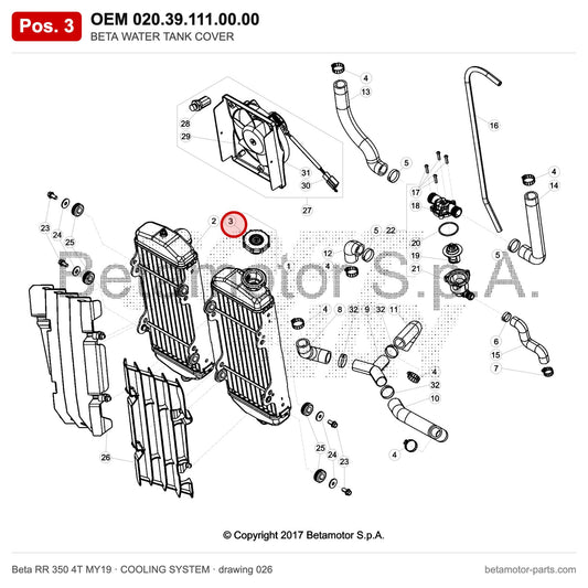 BETA WATER TANK COVER – OEM 020.39.111.00.00, position 3 on the Beta RR 350 4T MY19 cooling system drawing