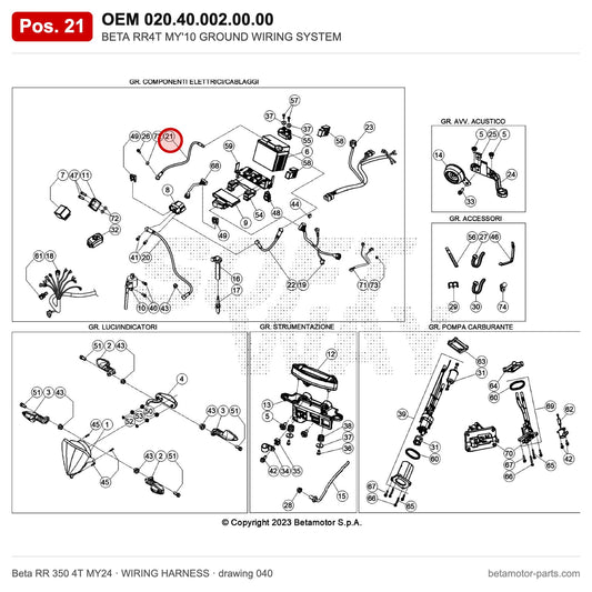 BETA RR4T MY'10 GROUND WIRING SYSTEM – OEM 020.40.002.00.00, position 21 on the Beta RR 350 4T MY24 wiring harness drawing