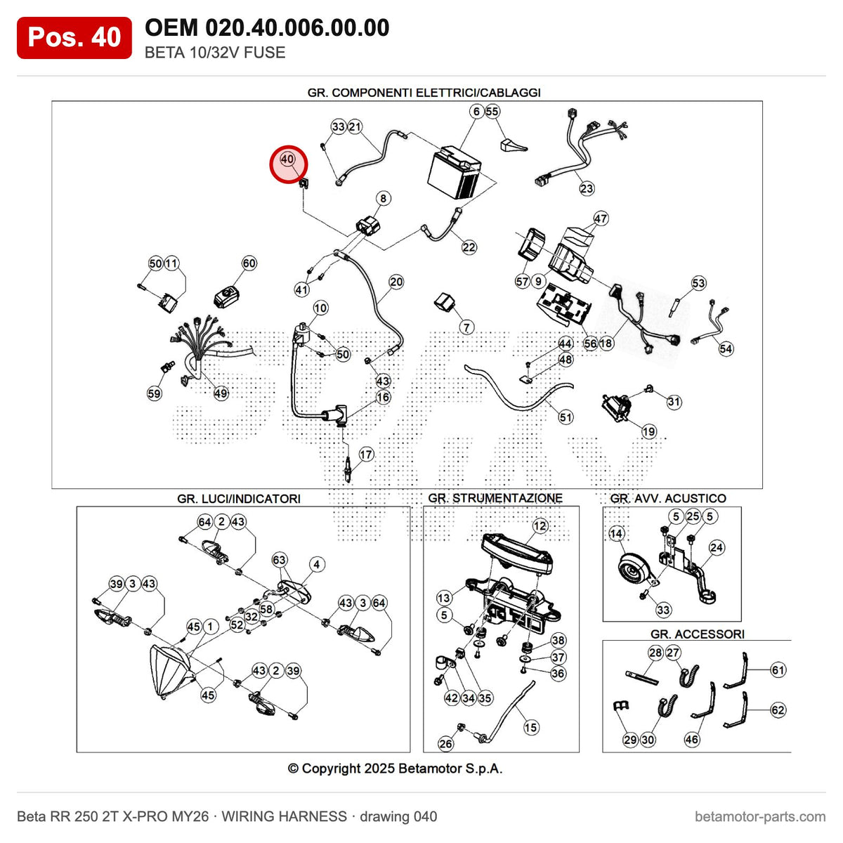 BETA 10/32V FUSE – OEM 020.40.006.00.00, position 40 on the Beta RR 250 2T X-PRO MY26 wiring harness drawing