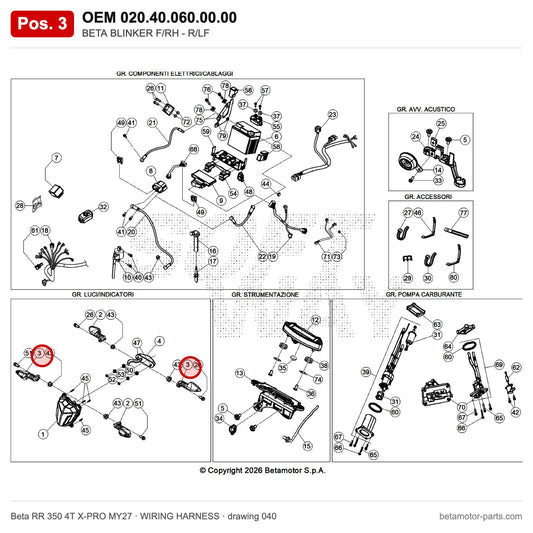 BETA BLINKER F/RH - R/LF – OEM 020.40.060.00.00, position 3 on the Beta RR 350 4T X-PRO MY27 wiring harness drawing