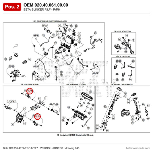 BETA BLINKER F/LF - R/RH – OEM 020.40.061.00.00, position 2 on the Beta RR 350 4T X-PRO MY27 wiring harness drawing