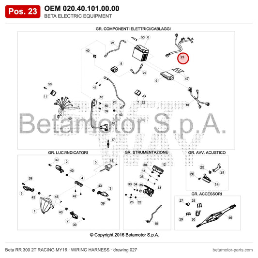 BETA ELECTRIC EQUIPMENT – OEM 020.40.101.00.00, position 23 on the Beta RR 300 2T RACING MY16 wiring harness drawing