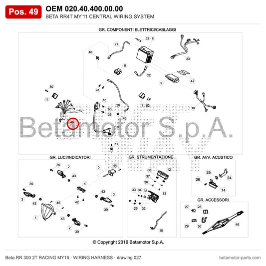 BETA RR4T MY'11 CENTRAL WIRING SYSTEM – OEM 020.40.400.00.00, position 49 on the Beta RR 300 2T RACING MY16 wiring harness drawing