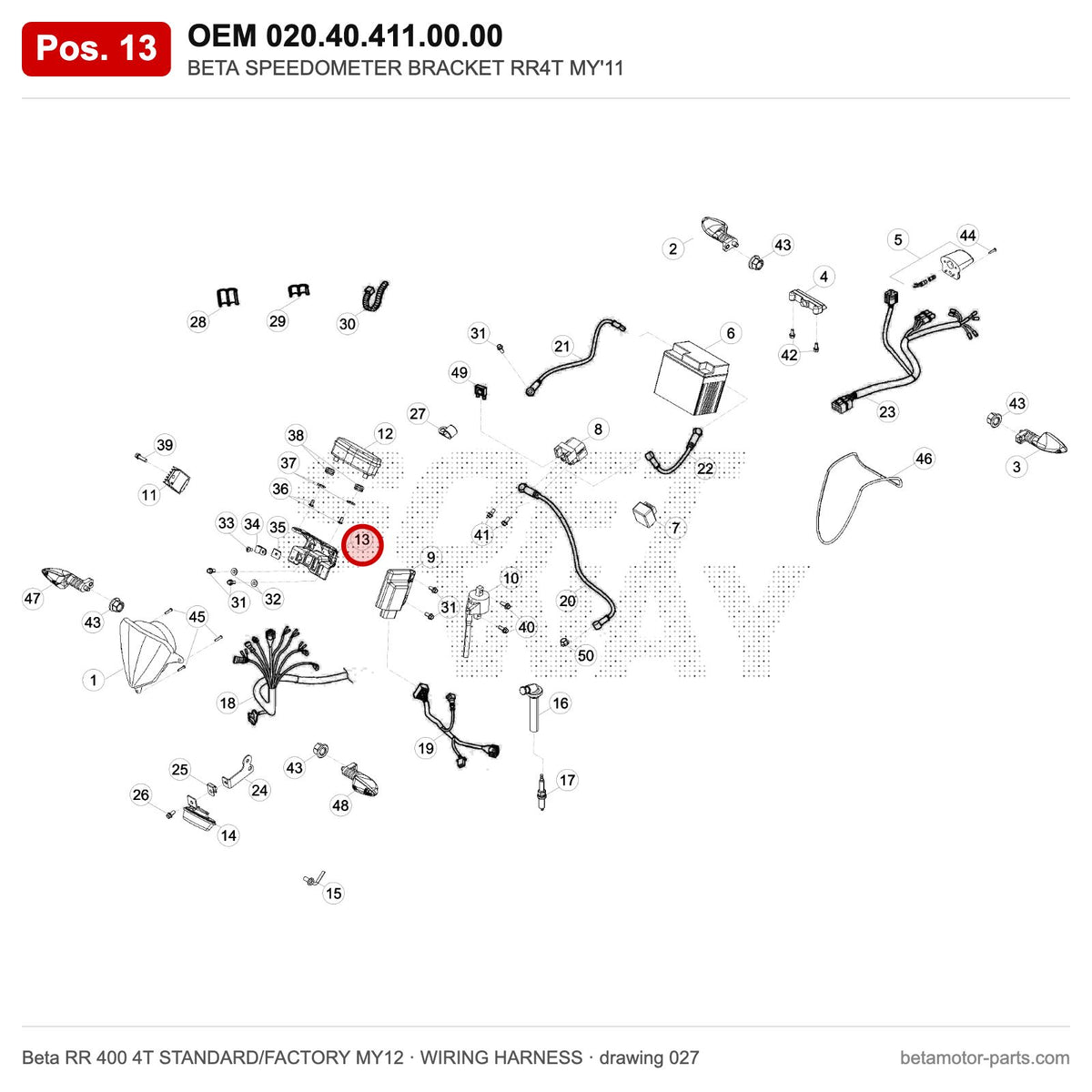 BETA SPEEDOMETER BRACKET RR4T MY'11 – OEM 020.40.411.00.00, position 13 on the Beta RR 400 4T STANDARD/FACTORY MY12 wiring harness drawing