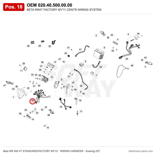 BETA RR4T FACTORY MY'11 CENTR WIRING SYSTEM – OEM 020.40.500.00.00, position 18 on the Beta RR 400 4T STANDARD/FACTORY MY12 wiring harness drawing
