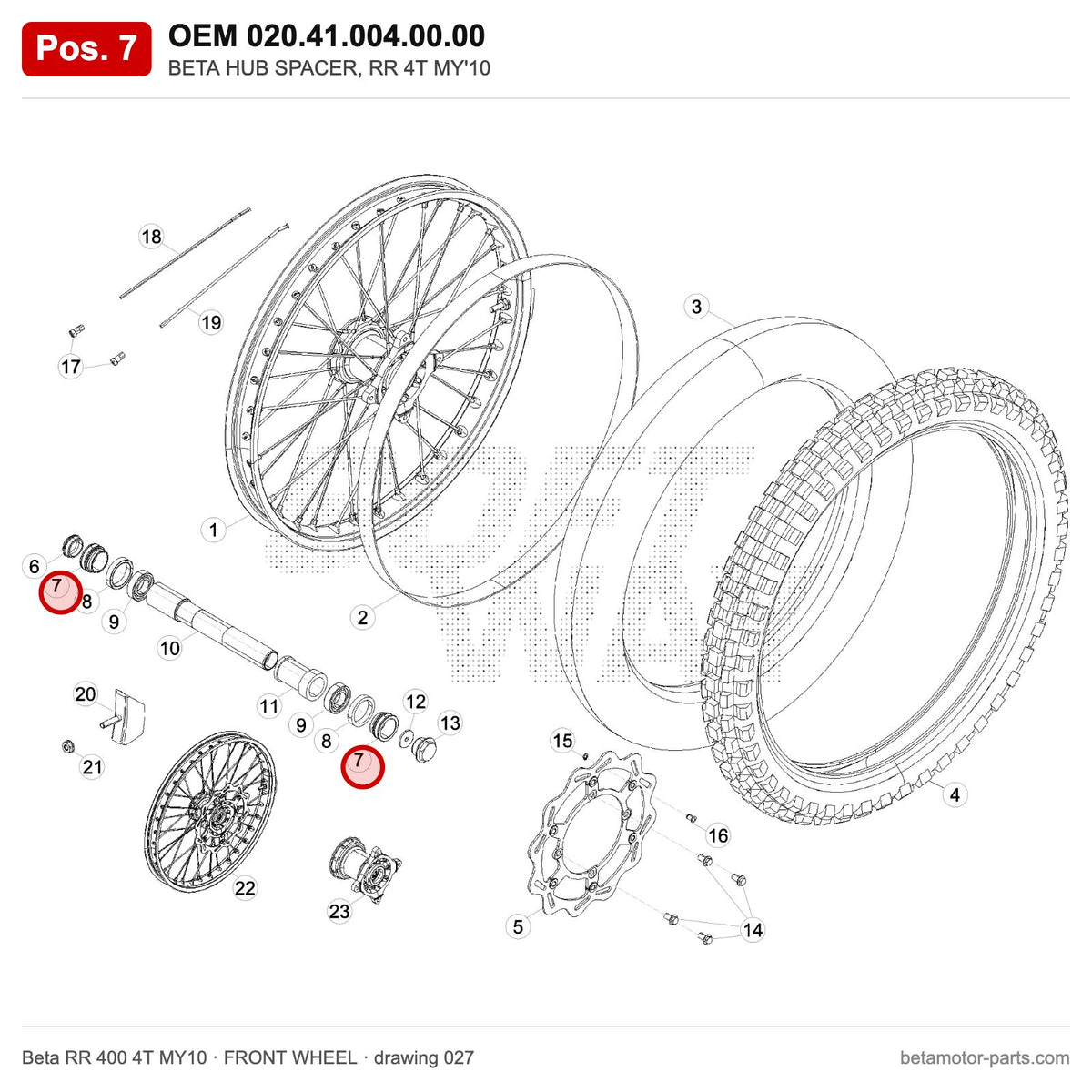 BETA HUB SPACER, RR 4T MY'10 – OEM 020.41.004.00.00, position 7 on the Beta RR 400 4T MY10 front wheel drawing
