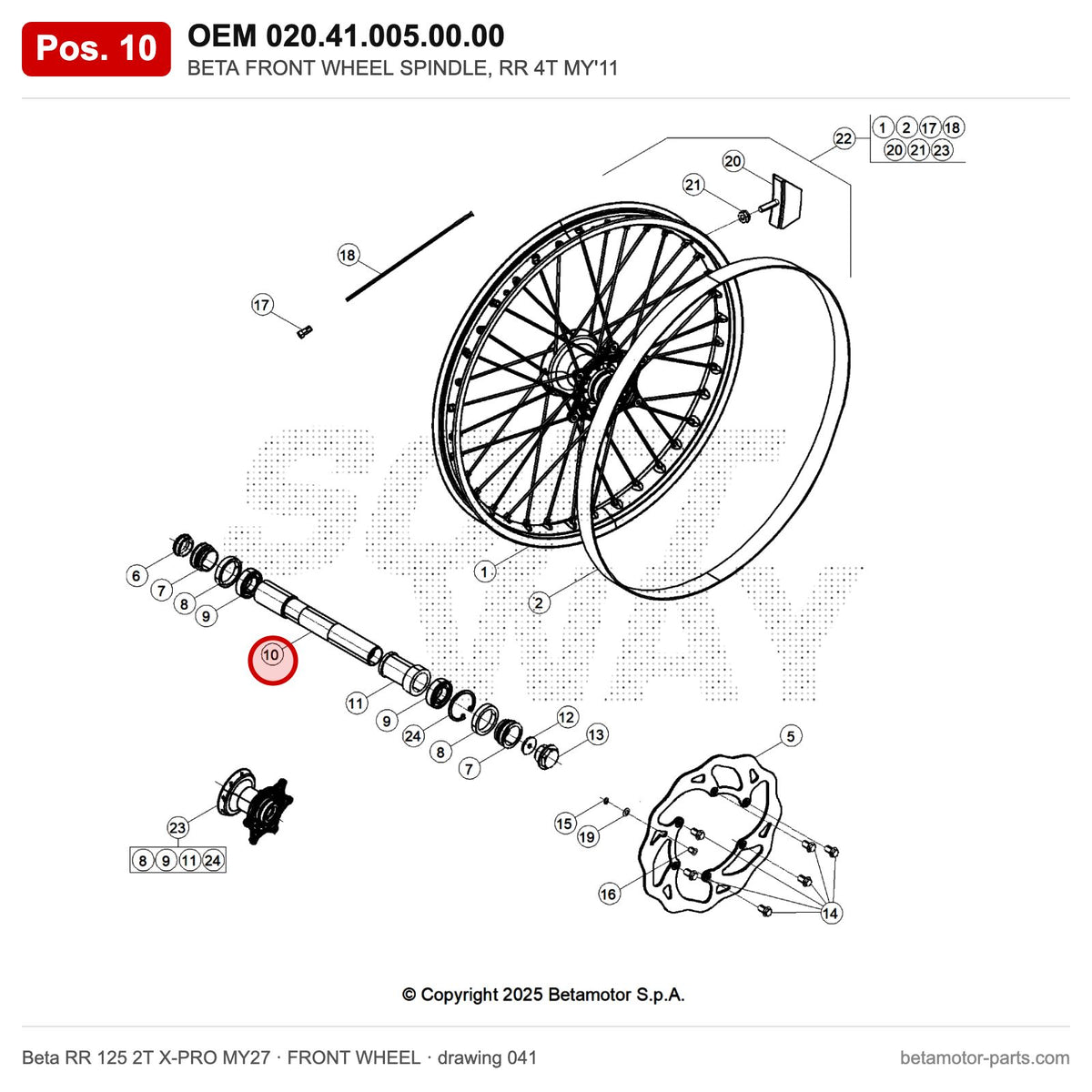 BETA FRONT WHEEL SPINDLE, RR 4T MY'11 – OEM 020.41.005.00.00, position 10 on the Beta RR 125 2T X-PRO MY27 front wheel drawing