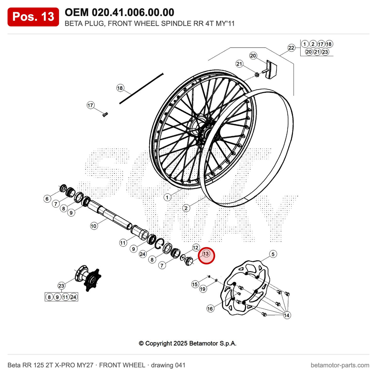 BETA PLUG, FRONT WHEEL SPINDLE RR 4T MY'11 – OEM 020.41.006.00.00, position 13 on the Beta RR 125 2T X-PRO MY27 front wheel drawing