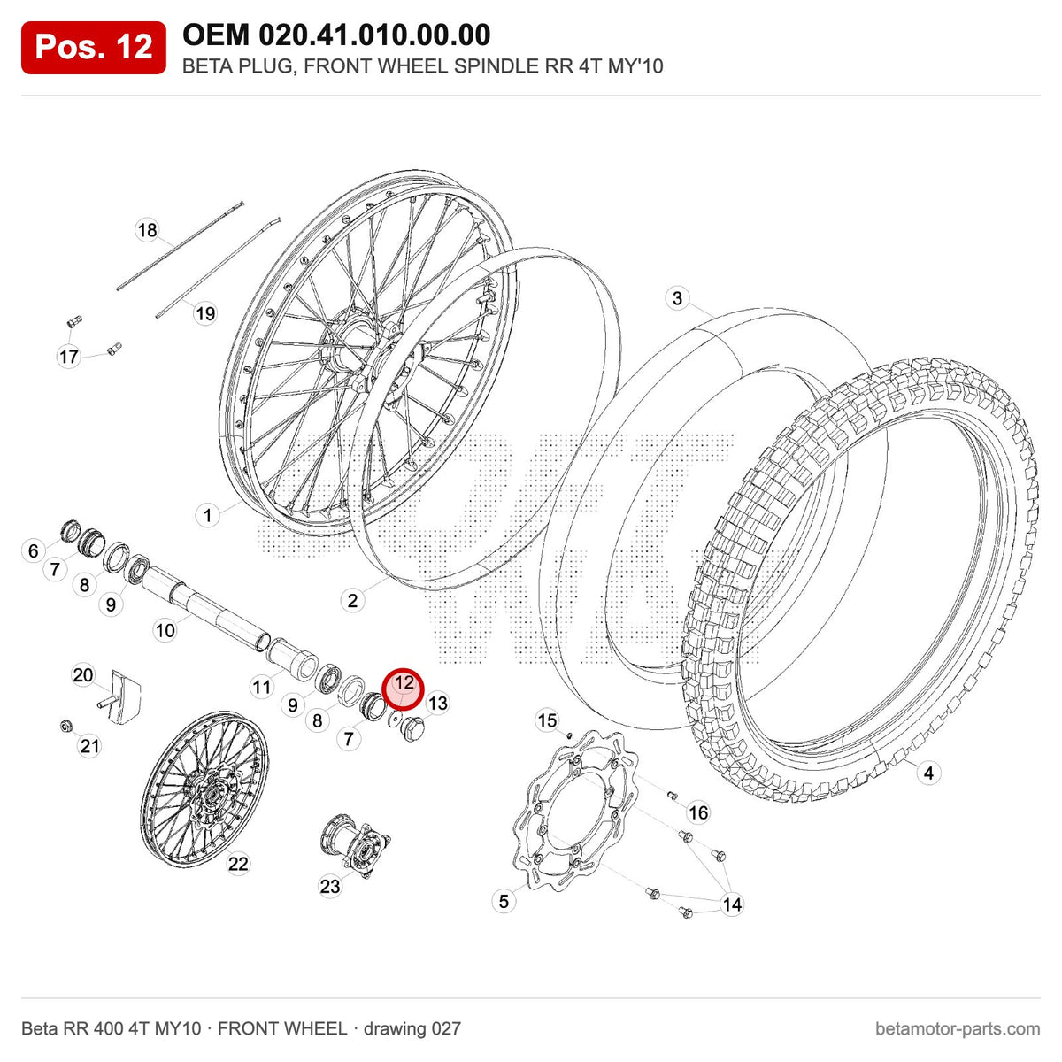 BETA PLUG, FRONT WHEEL SPINDLE RR 4T MY'10 – OEM 020.41.010.00.00, position 12 on the Beta RR 400 4T MY10 front wheel drawing