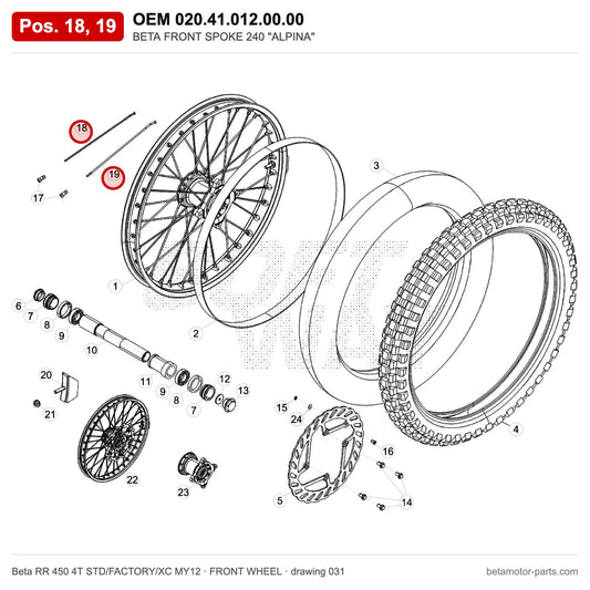 BETA FRONT SPOKE 240 "ALPINA" – OEM 020.41.012.00.00, positions 18,19 on the Beta RR 450 4T STD/FACTORY/XC MY12 front wheel drawing
