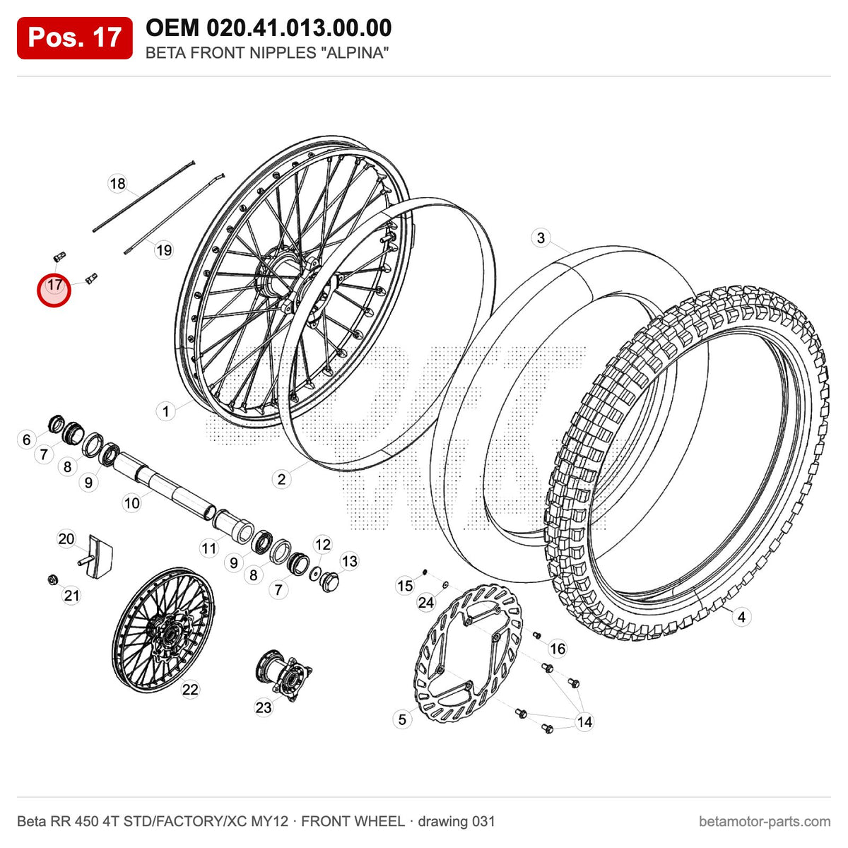 BETA FRONT NIPPLES "ALPINA" – OEM 020.41.013.00.00, position 17 on the Beta RR 450 4T STD/FACTORY/XC MY12 front wheel drawing