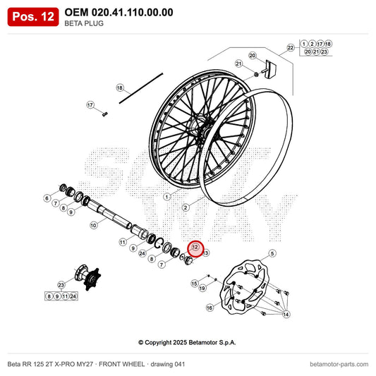BETA PLUG – OEM 020.41.110.00.00, position 12 on the Beta RR 125 2T X-PRO MY27 front wheel drawing