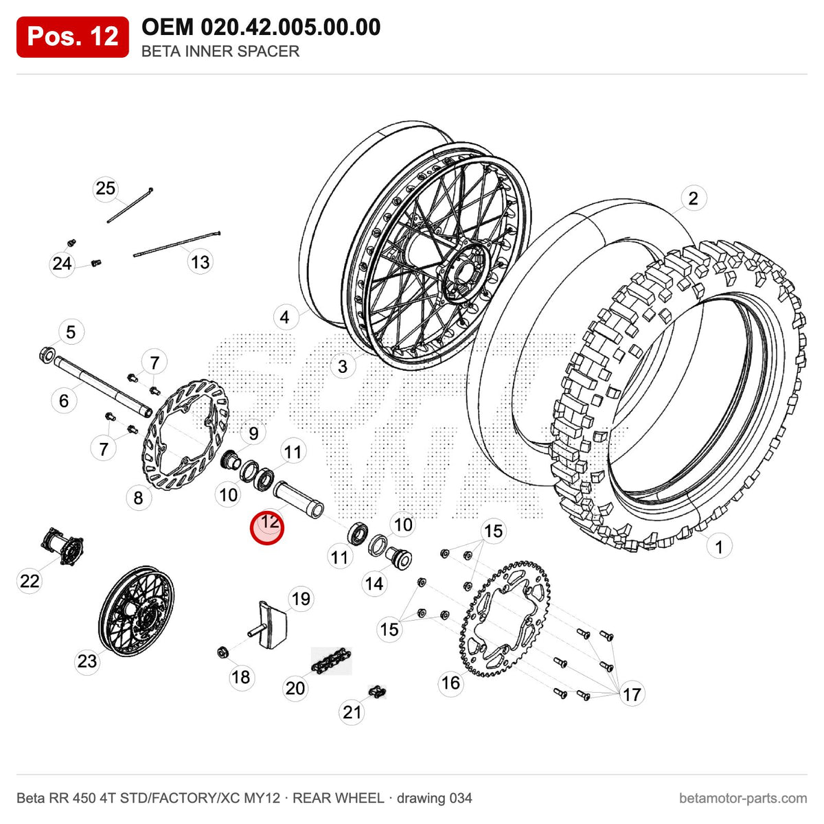 BETA INNER SPACER – OEM 020.42.005.00.00, position 12 on the Beta RR 450 4T STD/FACTORY/XC MY12 rear wheel drawing