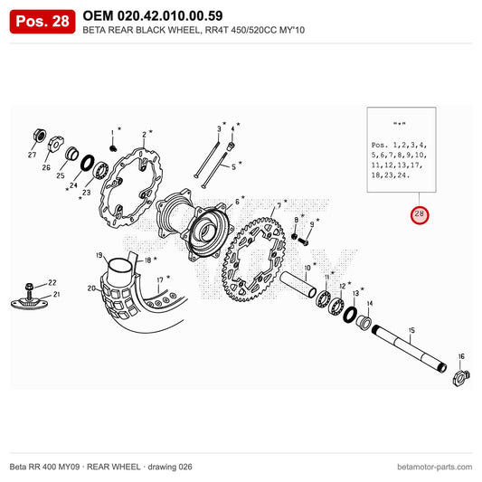 BETA REAR BLACK WHEEL, RR4T 450/520CC MY'10 – OEM 020.42.010.00.59, position 28 on the Beta RR 400 MY09 rear wheel drawing