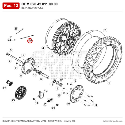 BETA REAR SPOKE – OEM 020.42.011.00.00, position 13 on the Beta RR 400 4T STANDARD/FACTORY MY12 rear wheel drawing