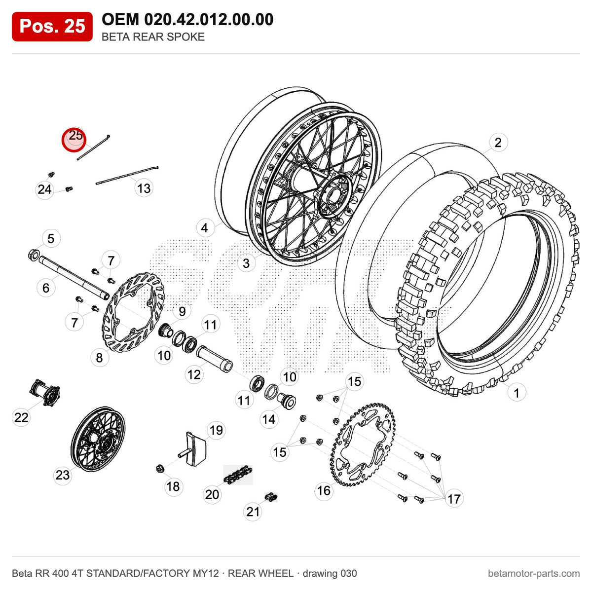 BETA REAR SPOKE – OEM 020.42.012.00.00, position 25 on the Beta RR 400 4T STANDARD/FACTORY MY12 rear wheel drawing