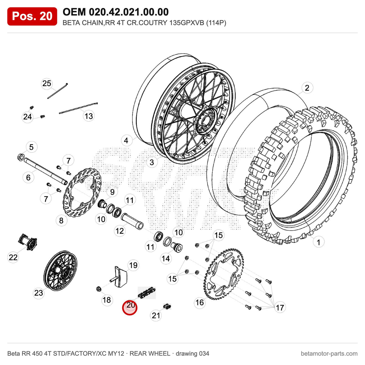 BETA CHAIN,RR 4T CR.COUTRY 135GPXVB (114P) – OEM 020.42.021.00.00, position 20 on the Beta RR 450 4T STD/FACTORY/XC MY12 rear wheel drawing