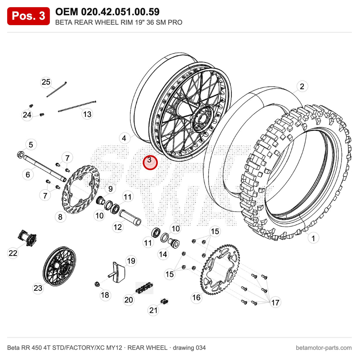 BETA REAR WHEEL RIM 19" 36 SM PRO – OEM 020.42.051.00.59, position 3 on the Beta RR 450 4T STD/FACTORY/XC MY12 rear wheel drawing